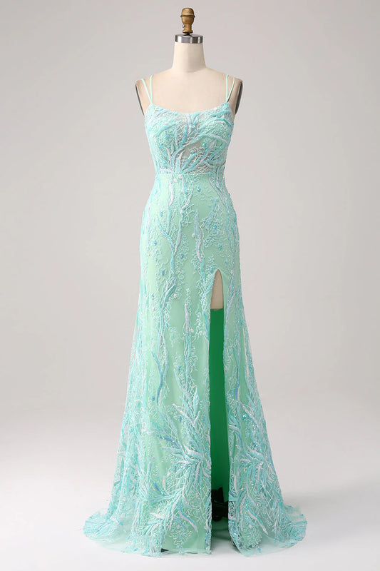 Amzcw Green Mermaid Spaghetti Straps Sequins Long Prom Dress with Slit prom dresses shops