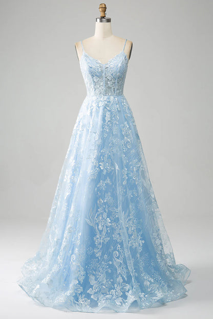 Amzcw Sky Blue A Line Spaghetti Straps Corset Tulle Prom Dress With Appliques prom dresses shops