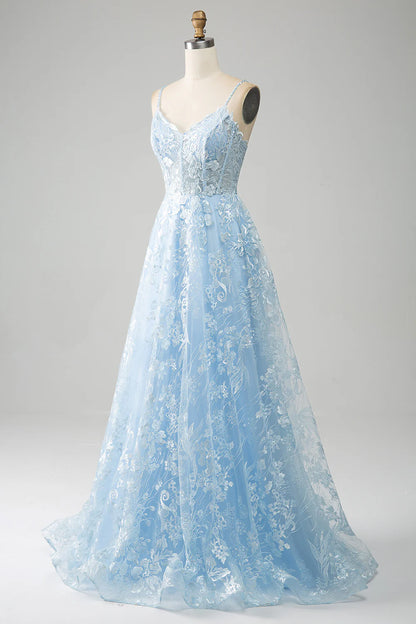 Amzcw Sky Blue A Line Spaghetti Straps Corset Tulle Prom Dress With Appliques prom dresses shops