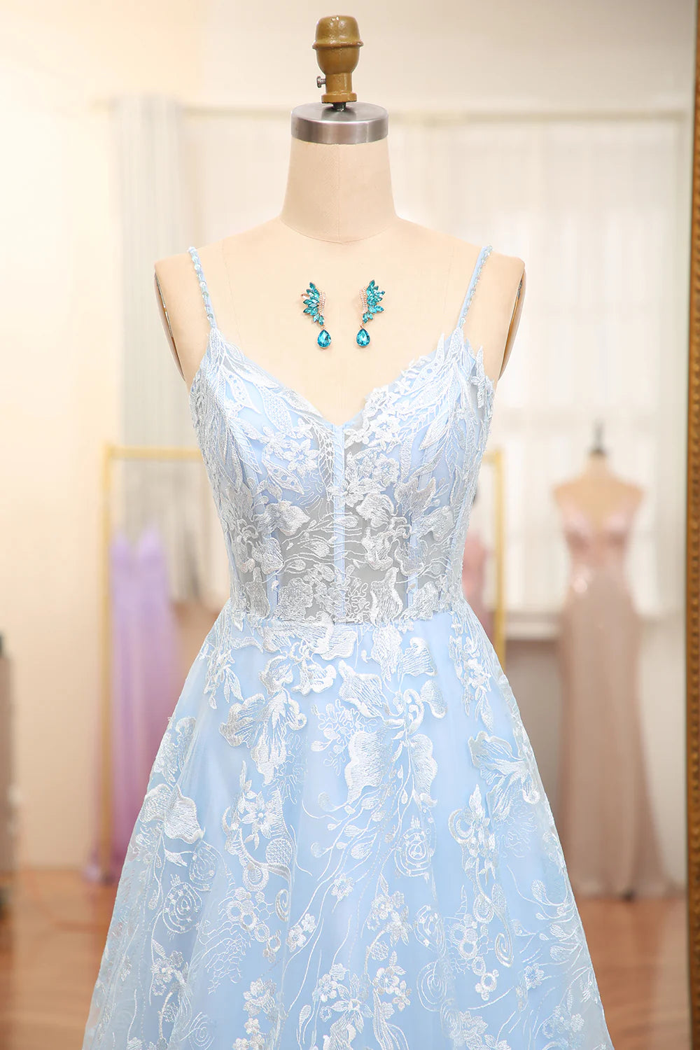 Amzcw Sky Blue A Line Spaghetti Straps V Neck Tulle Long Corset Prom Dress With Appliques prom clothing