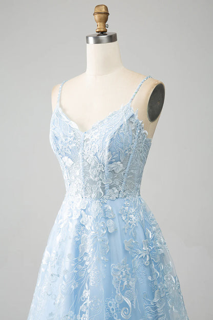 Amzcw Sky Blue A Line Spaghetti Straps Corset Tulle Prom Dress With Appliques prom dresses shops