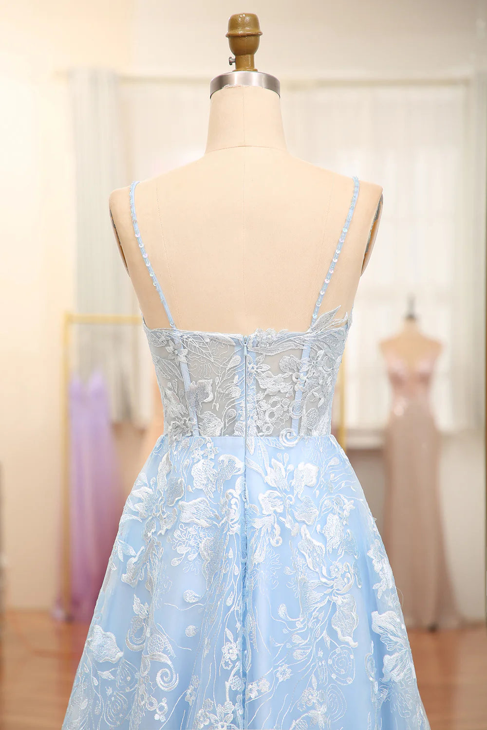 Amzcw Sky Blue A Line Spaghetti Straps V Neck Tulle Long Corset Prom Dress With Appliques prom clothing