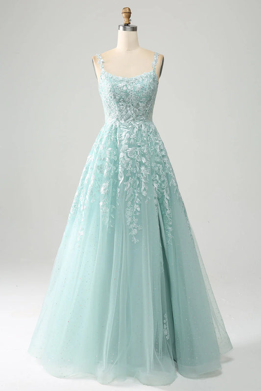 Amzcw Glitter Mint A-Line Spaghetti Straps Tulle Long Prom Dress with Lace prom dresses with long sleeves