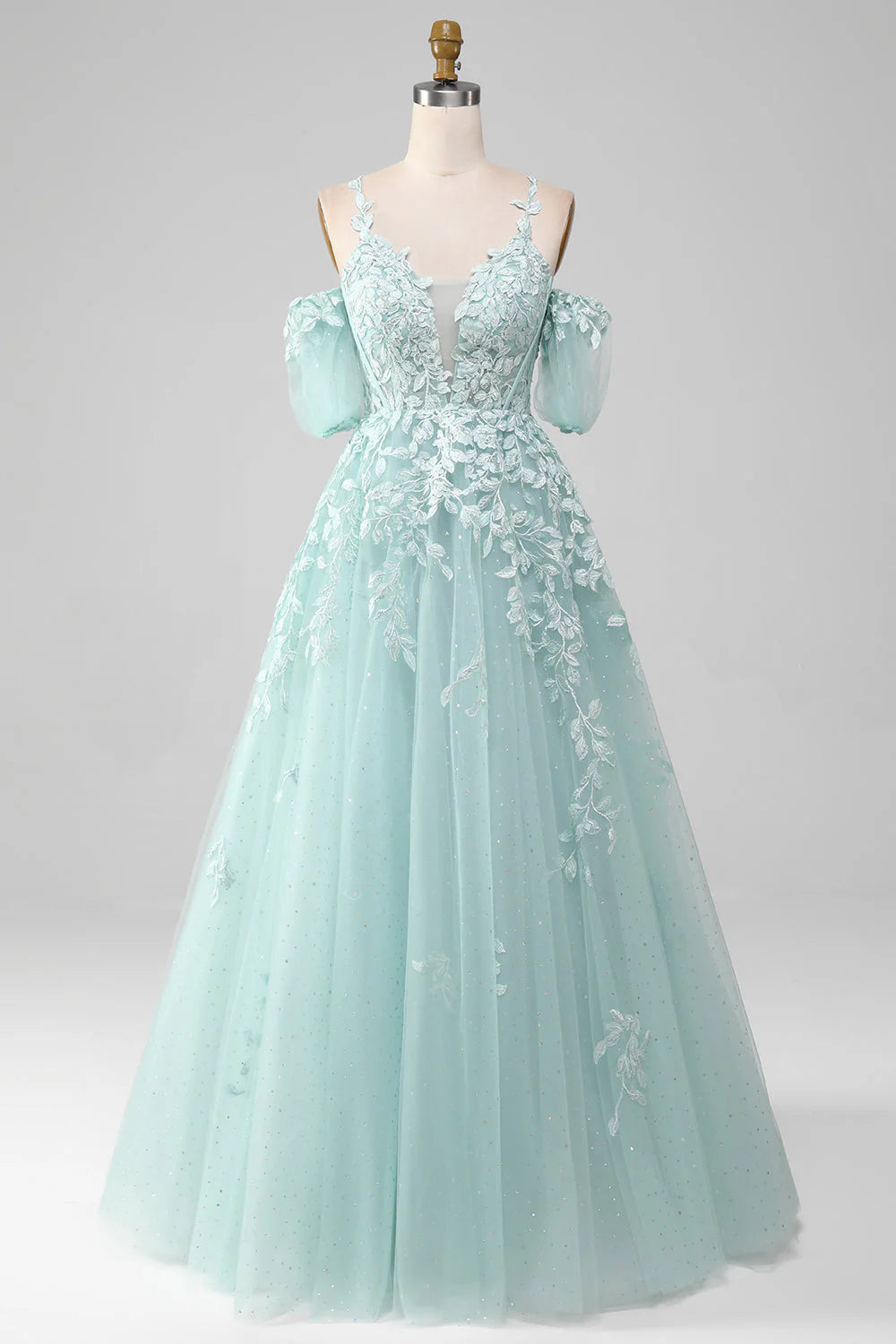 Amzcw Ball-Gown Off The Shoulder Beaded Mint Prom Dress With Appliques prom clothing