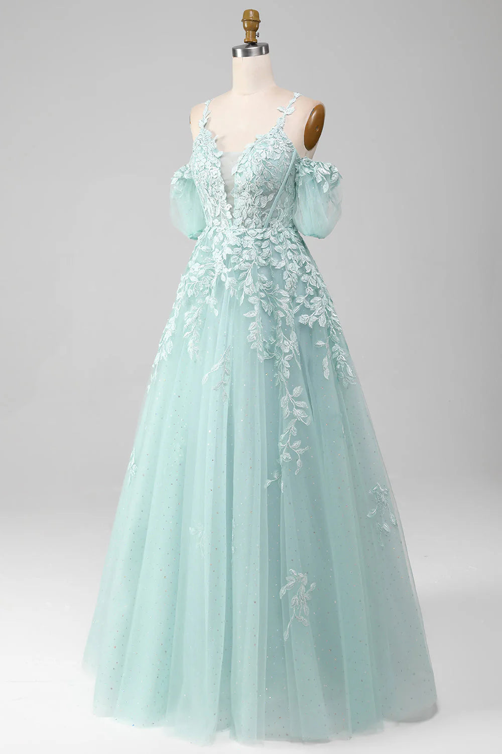 Amzcw Ball-Gown Off The Shoulder Beaded Mint Prom Dress With Appliques prom clothing