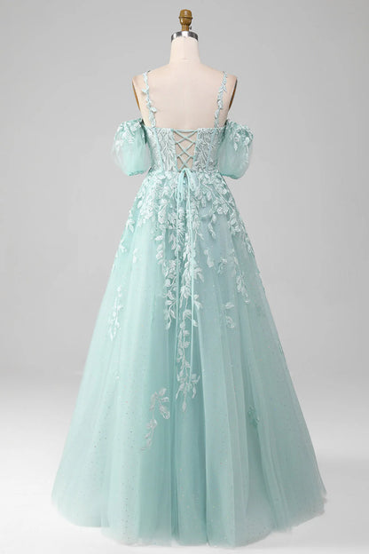 Amzcw Ball-Gown Off The Shoulder Beaded Mint Prom Dress With Appliques prom clothing