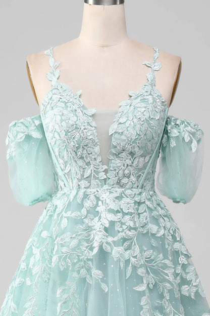 Amzcw Ball-Gown Off The Shoulder Beaded Mint Prom Dress With Appliques prom clothing