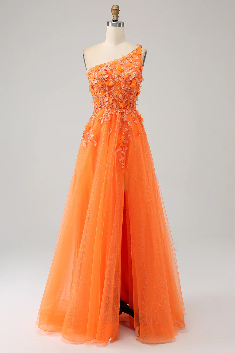 Amzcw Orange A-Line One Shoulder Long Tulle Applique Prom Dress With Slit prom dress in store