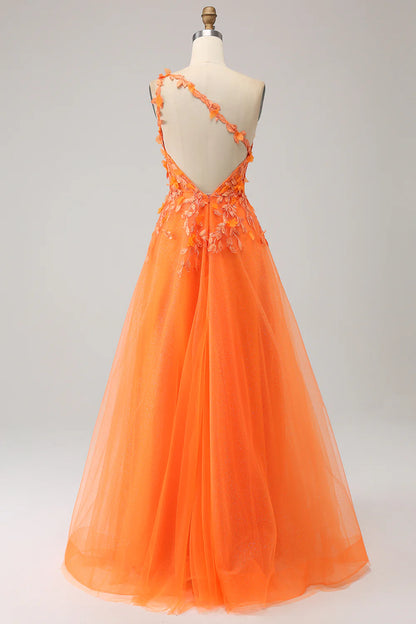 Amzcw Orange A-Line One Shoulder Long Tulle Applique Prom Dress With Slit prom dress in store