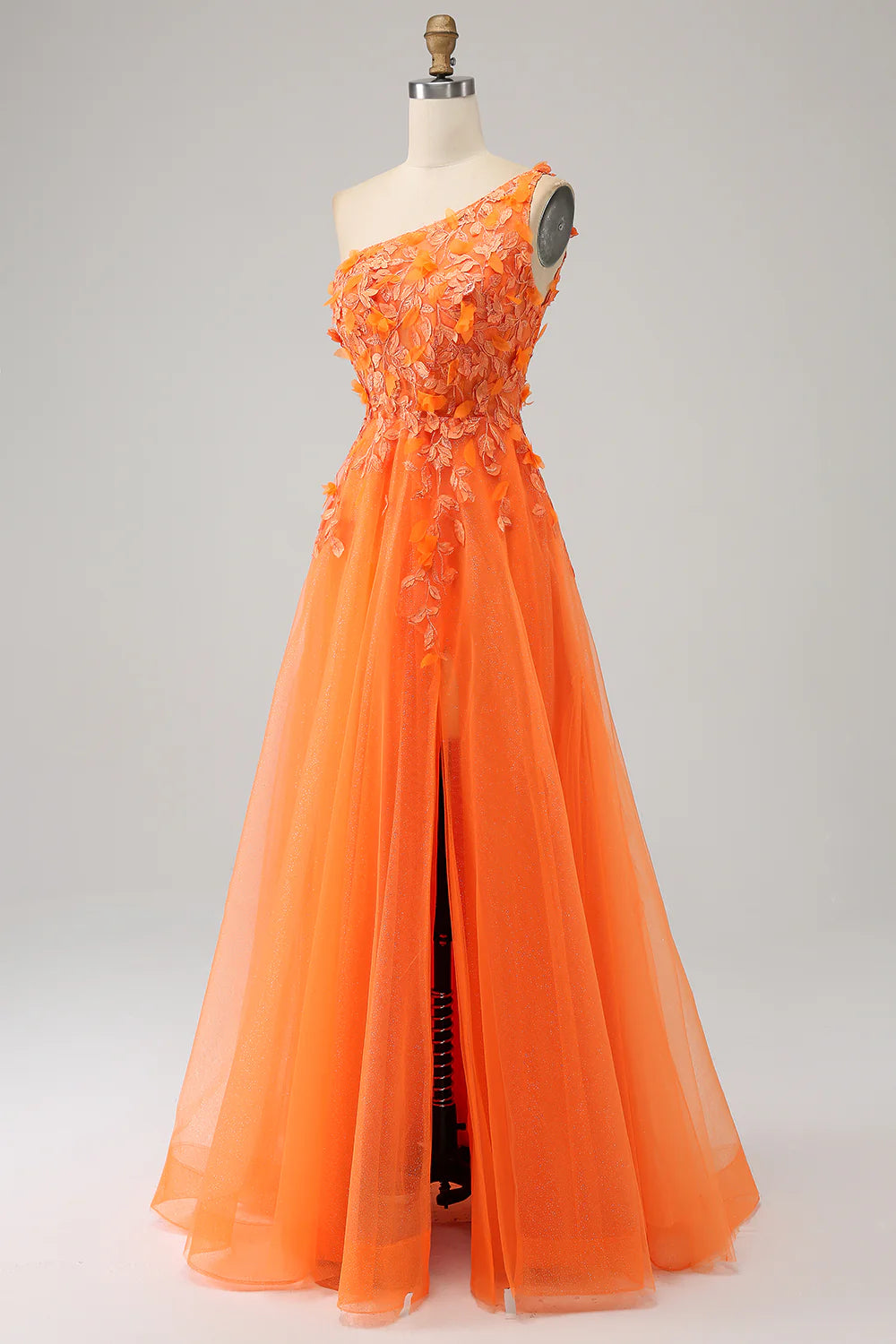 Amzcw Orange A-Line One Shoulder Long Tulle Applique Prom Dress With Slit prom dress in store