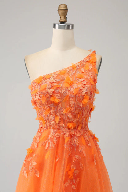 Amzcw Orange A-Line One Shoulder Long Tulle Applique Prom Dress With Slit prom dress in store