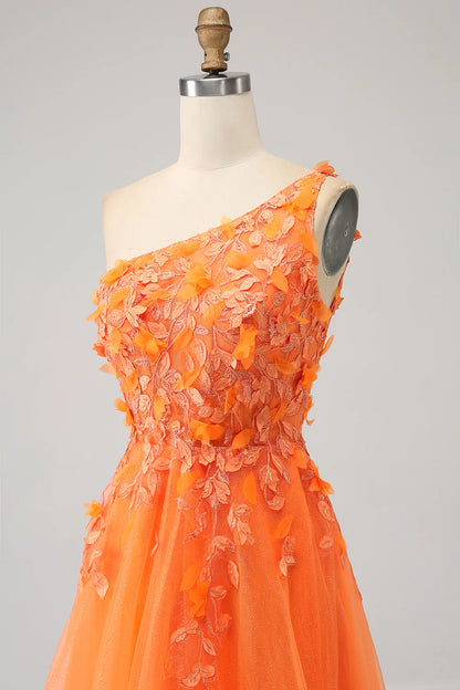 Amzcw Orange A-Line One Shoulder Long Tulle Applique Prom Dress With Slit prom dress in store