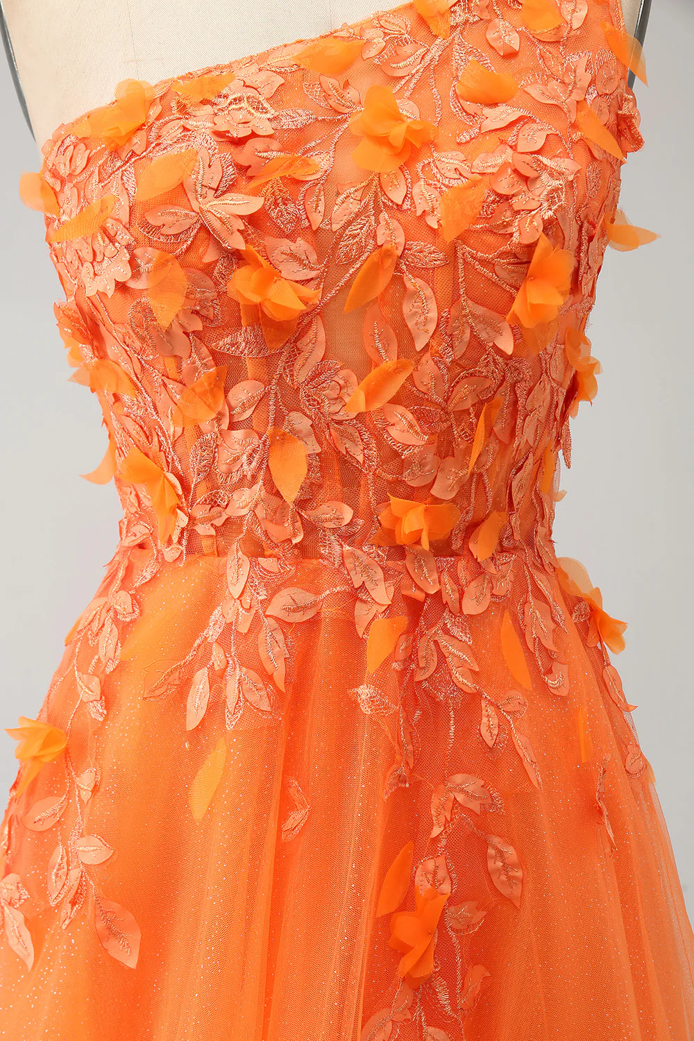 Amzcw Orange A-Line One Shoulder Long Tulle Applique Prom Dress With Slit prom dress in store