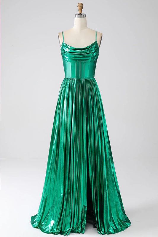 Amzcw A-line Dark Green Corset Prom Dress with Slit prom dresses shops