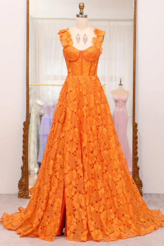 Amzcw Orange A-Line Spaghetti Straps Applique Corset Long Prom Dress With Slit prom dresses shops