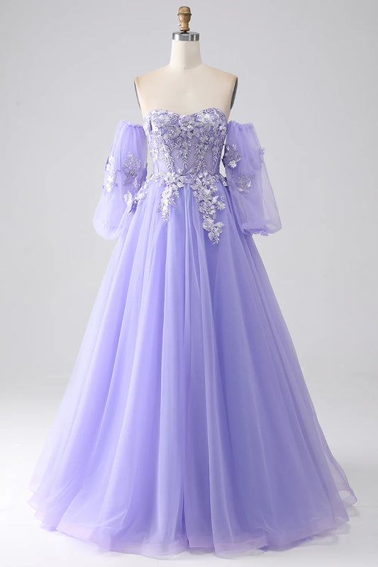 Amzcw Lavender A Line Sweetheart Off The Shoulder Corset Prom Dress with Appliques prom dress in store