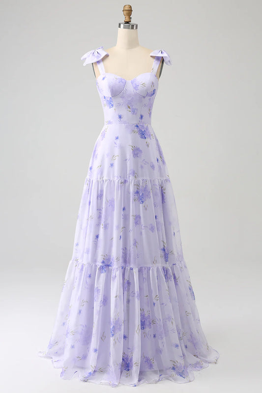 Amzcw Lilac A-Line Floral Print Lace Up Floor Length Prom Dress