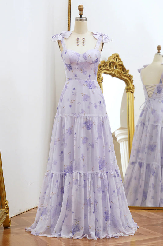 Amzcw Lilac A-Line Spaghetti Straps Floral Print Lace Up Floor Length Prom Dress prom dresses stores