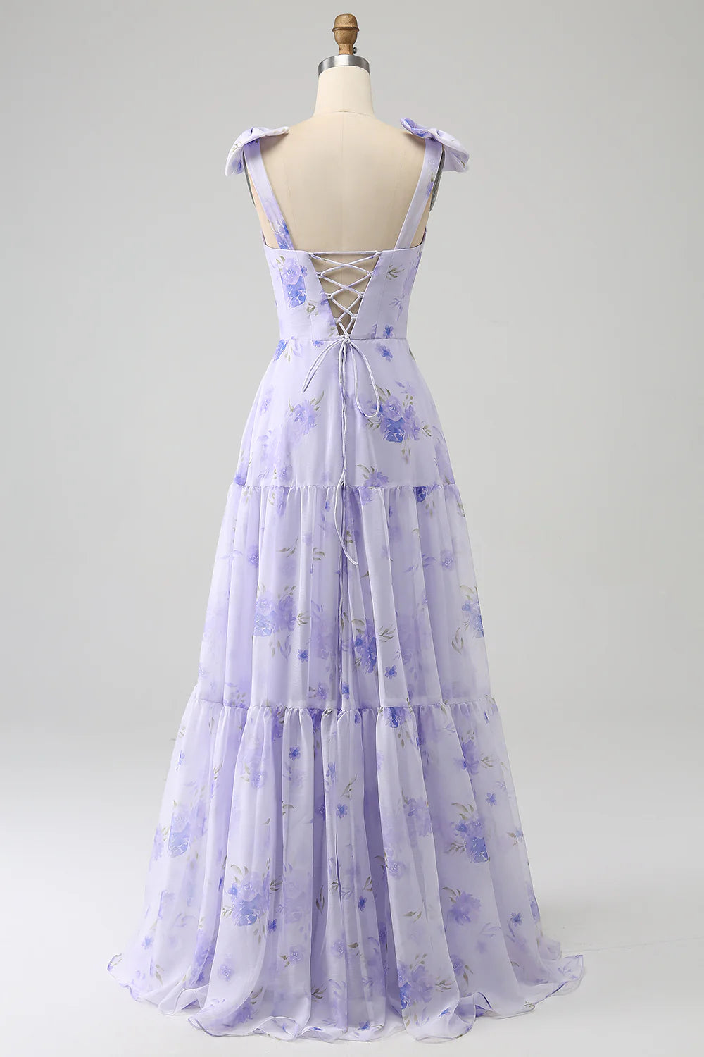 Amzcw Lilac A-Line Floral Print Lace Up Floor Length Prom Dress