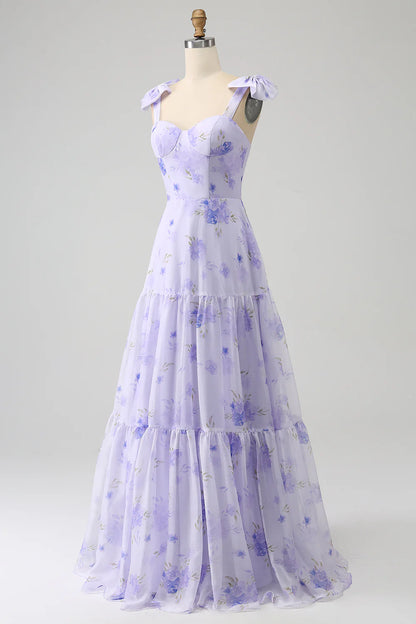 Amzcw Lilac A-Line Floral Print Lace Up Floor Length Prom Dress