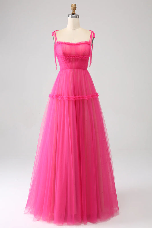 Amzcw Princess A-Line Spaghetti Straps Hot Pink Tulle Long Prom Dress