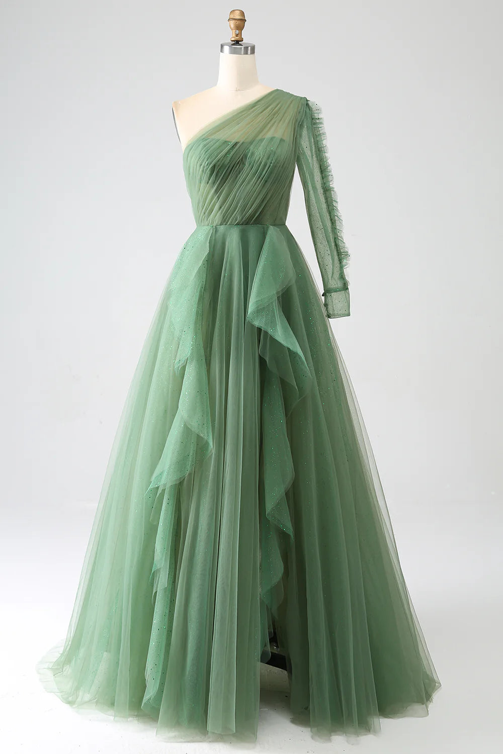 Amzcw Dark Green A-Line One-Shoulder Long Tulle Prom Dress With Long Sleeves