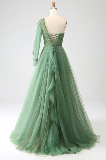 Amzcw Dark Green A-Line One-Shoulder Long Tulle Prom Dress With Long Sleeves