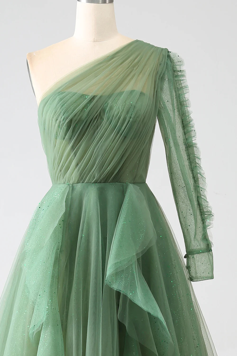 Amzcw Dark Green A-Line One-Shoulder Long Tulle Prom Dress With Long Sleeves