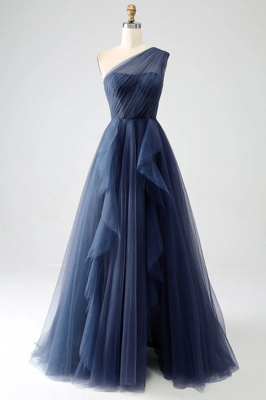 Amzcw Navy A-Line One-Shoulder Long Tulle Prom Dress With Slit long prom dresses with sleeves