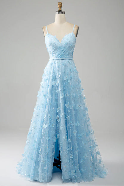 Amzcw Sky Blue A Line Spaghetti Straps Beaded Long Prom Dress with 3D Butterflies prom dress in store