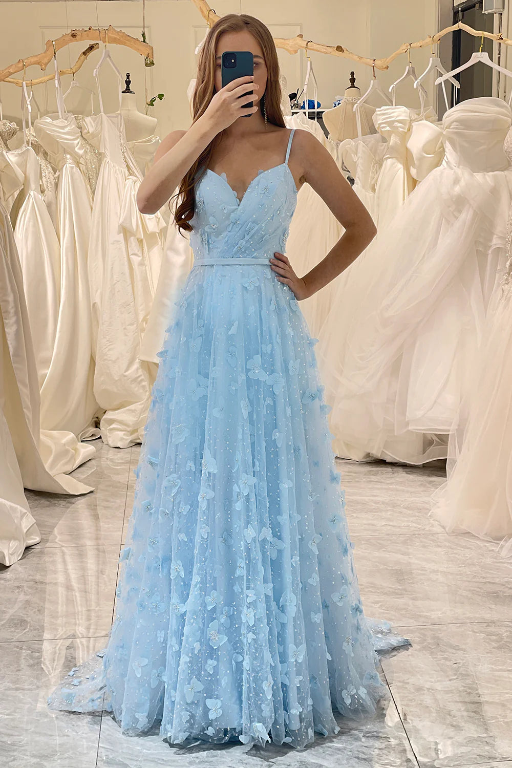 Amzcw Sparkly Sky Blue A Line Spaghetti Straps Beaded Prom Dress with 3D Butterflies prom dresses shops