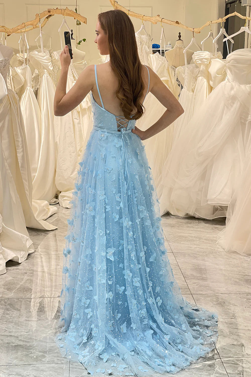 Amzcw Sparkly Sky Blue A Line Spaghetti Straps Beaded Prom Dress with 3D Butterflies prom dresses shops