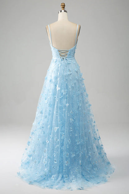 Amzcw Sky Blue A Line Spaghetti Straps Beaded Long Prom Dress with 3D Butterflies prom dress in store