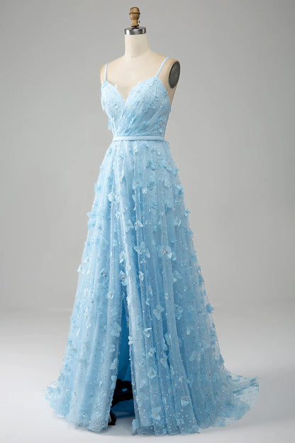 Amzcw Sky Blue A Line Spaghetti Straps Beaded Long Prom Dress with 3D Butterflies prom dress in store