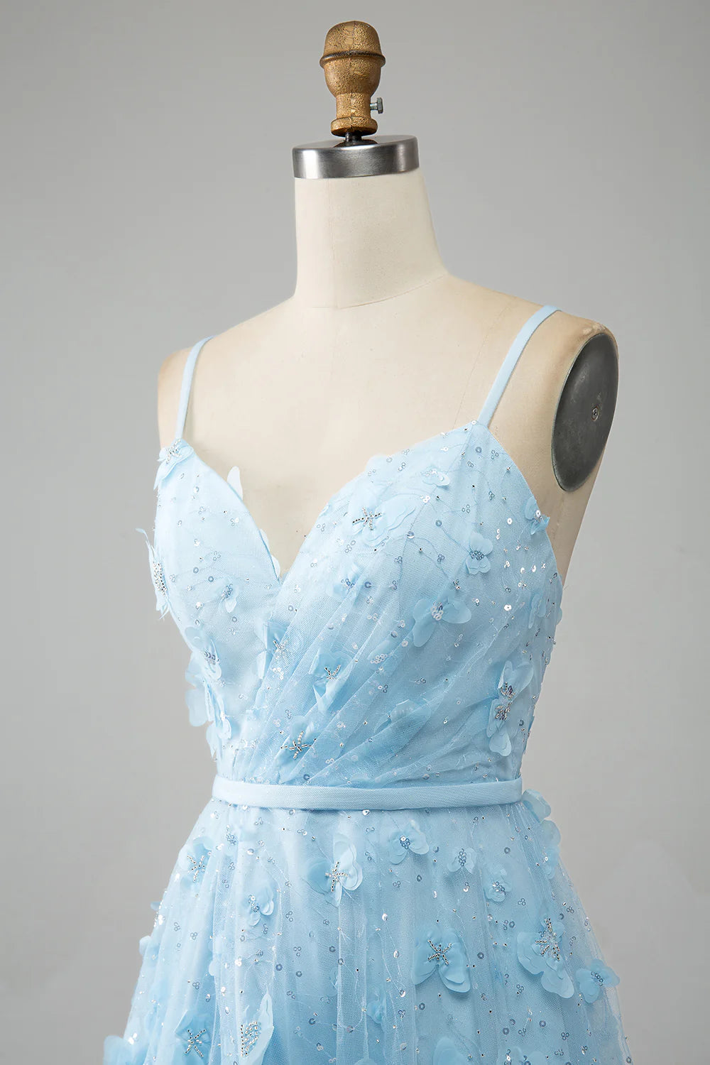 Amzcw Sky Blue A Line Spaghetti Straps Beaded Long Prom Dress with 3D Butterflies prom dress in store