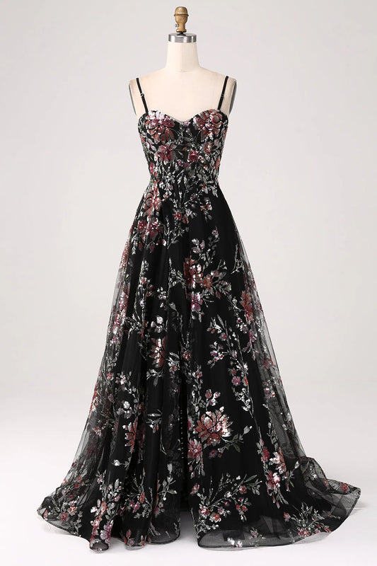 Amzcw Black Flower A-Line Spaghetti Straps Sequins Long Corset Prom Dress With Slit long prom dresses with sleeves