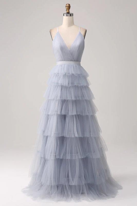 Amzcw Dusty Blue A-Line Spaghetti Straps Tiered Floor Length Tulle Prom Dress