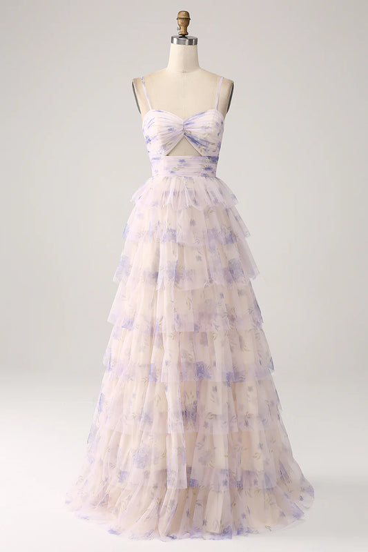 Amzcw Lavender Flower A-Line Spaghetti Straps Cut Out Pleated Tiered Long Prom Dress