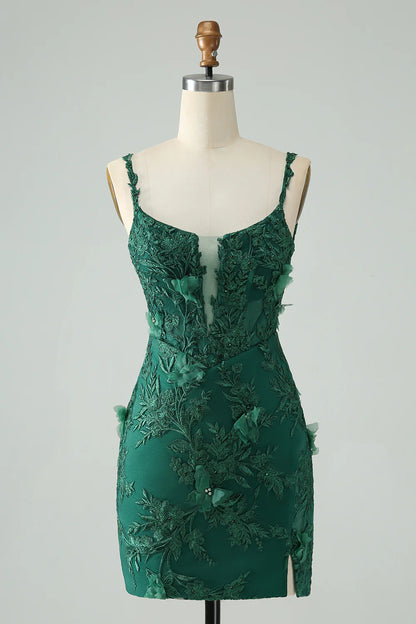 Amzcw Pretty Green Bodycon Spaghetti Straps Appliques Short Homecoming Dress with Slit