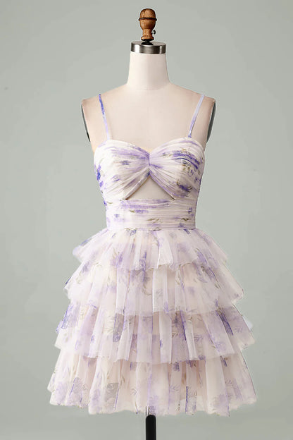 Amzcw Lavender Flower A-Line Spaghetti Straps Tiered Pleated Short Homecoming Dress