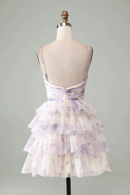 Amzcw Lavender Flower A-Line Spaghetti Straps Tiered Pleated Short Homecoming Dress