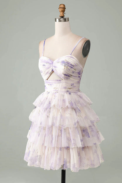 Amzcw Lavender Flower A-Line Spaghetti Straps Tiered Pleated Short Homecoming Dress