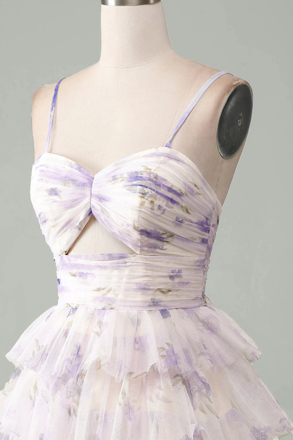 Amzcw Lavender Flower A-Line Spaghetti Straps Tiered Pleated Short Homecoming Dress