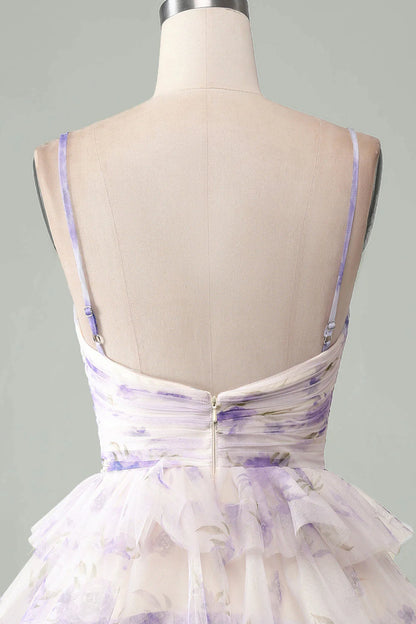 Amzcw Lavender Flower A-Line Spaghetti Straps Tiered Pleated Short Homecoming Dress