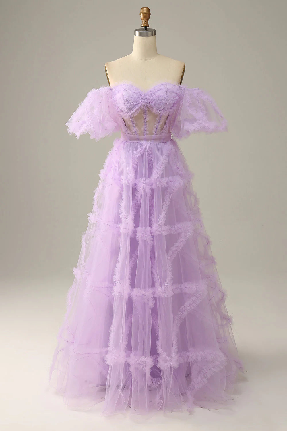 Amzcw Princess Purple Off The Shoulder Tulle Long Prom Dress prom dresses with long sleeves