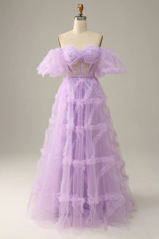 Amzcw Princess Purple Off The Shoulder Tulle Long Prom Dress prom dresses with long sleeves