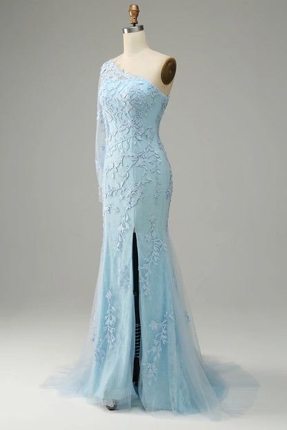 Sky Blue One Shoulder Mermaid Prom Dress With Appliques