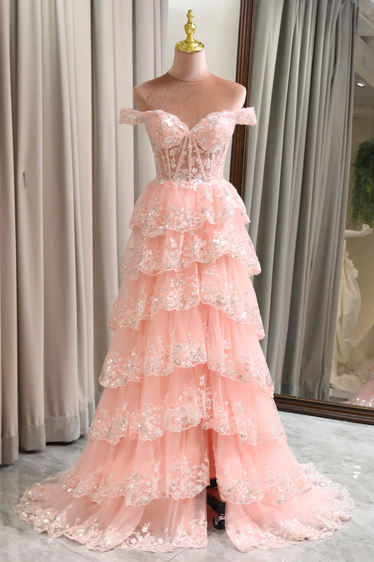 Amzcw Princess A Line Off the Shoulder Long Corset Sparkly Blush Prom Dress with Slit