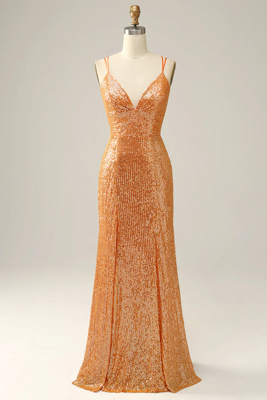 Orange Sequined Backless Mermaid Prom Dress