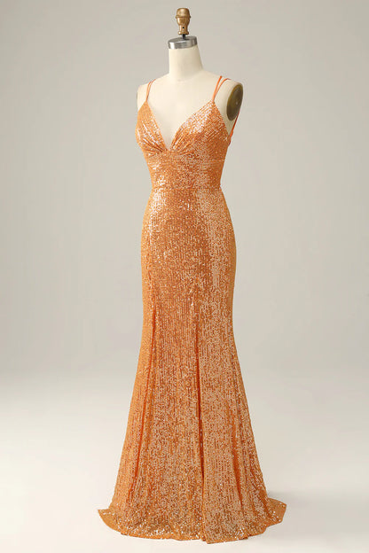 Orange Sequined Backless Mermaid Prom Dress